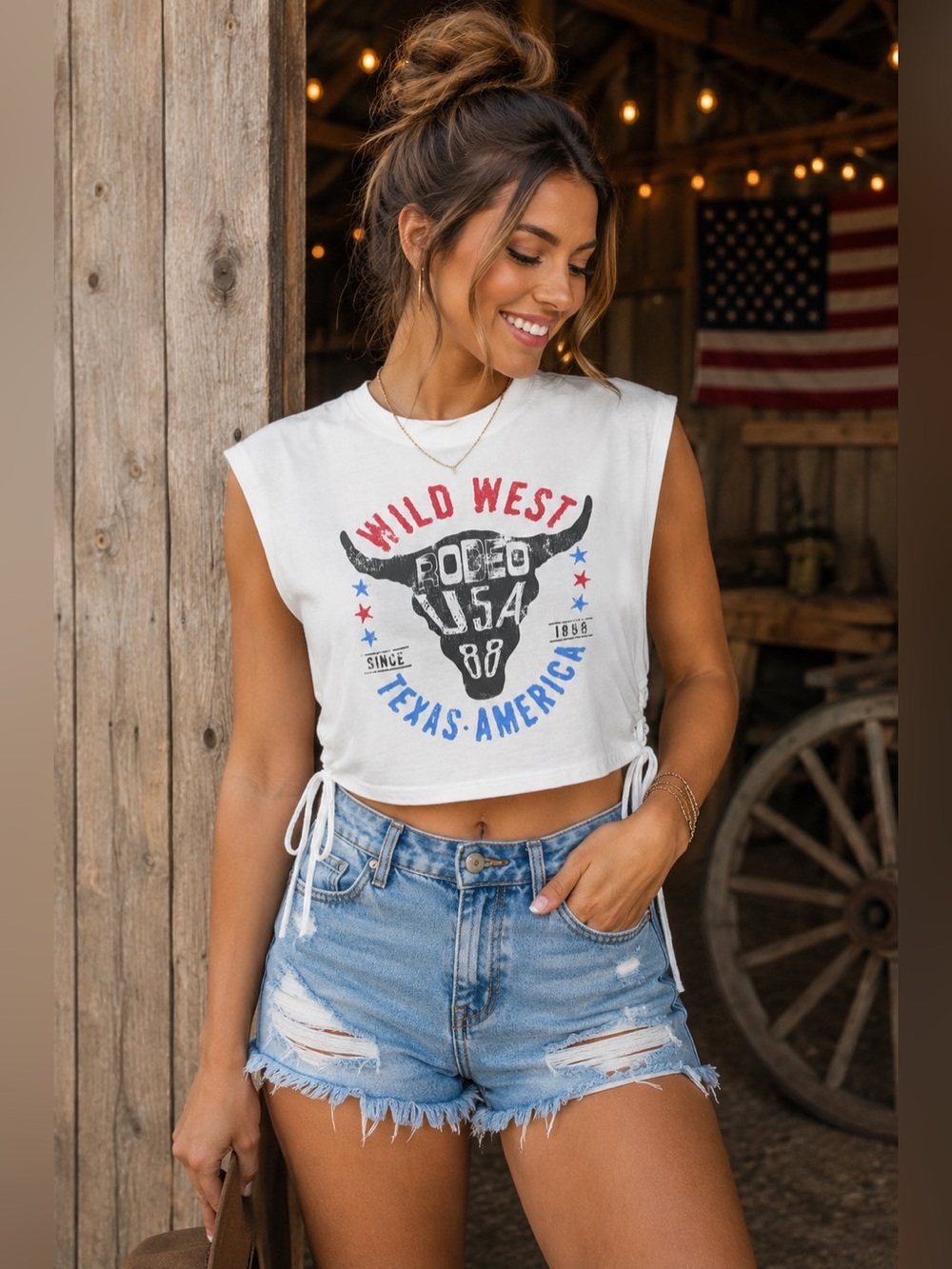 Wild West Rodeo USA White Cropped Tank Top Westerncore Country Concert Festival